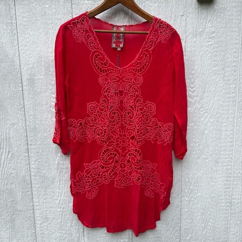 NWT Johnny Was Arlene Appliqué Tunic Sheer Red Women's 3/4 Sleeve Shirt Top XS - Picture 9 of 9